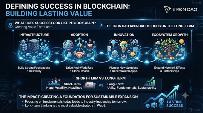 The image is a TRON DAO infographic titled "Defining Success Today in Blockchain: Building Lasting Value," outlining four pillars—Infrastructure, Adoption, Innovation, and Ecosystem Growth—along with a comparison of short-term hype versus long-term fundamentals, visually reinforcing the post's message about prioritizing sustainable, long-term value creation over fleeting excitement.