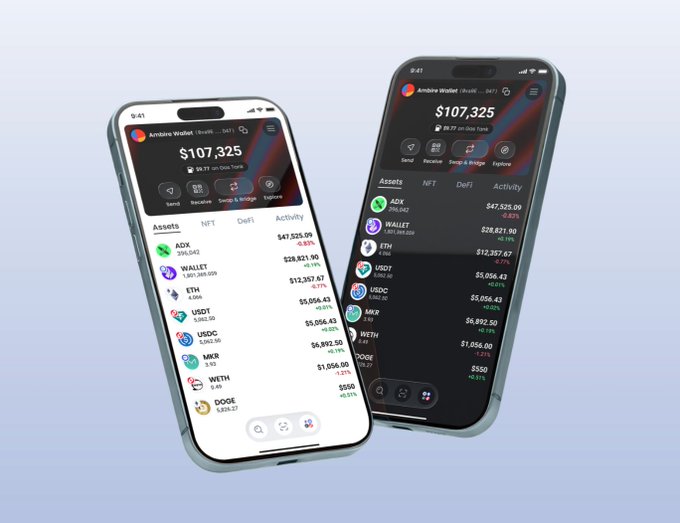 Two iPhones display a crypto wallet app showing an 'Ainslie Wallet' balance of $107,325 with various assets listed.