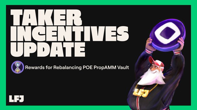 A promotional banner announcing 'TAKER INCENTIVES UPDATE' with the subtitle 'Rewards for Rebalancing POE PropAMM Vault,' featuring an LFJ mascot character holding a purple token.