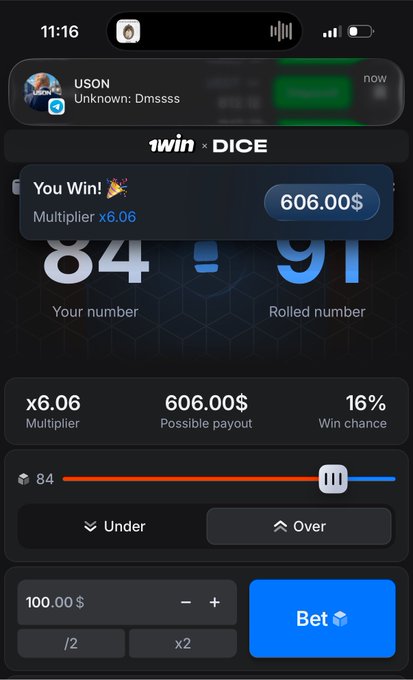 The image shows a mobile screenshot of the "1win × DICE" gambling app displaying a winning bet of $606.00 with a 6.06x multiplier, where the user's number of 84 beat a rolled number of 91. The post references earning "a few hundred bucks from the casino," which aligns with the $606 win shown, though the claim of "4 figs" (thousands) in August is notably more ambitious than the few-hundred-dollar win pictured.