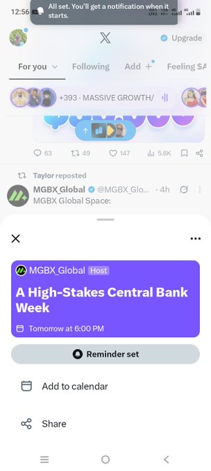 An X (Twitter) screenshot showing a reposted MGBX Global Space announcement for 'A High-Stakes Central Bank Week' audio event scheduled for tomorrow at 6:00 PM.