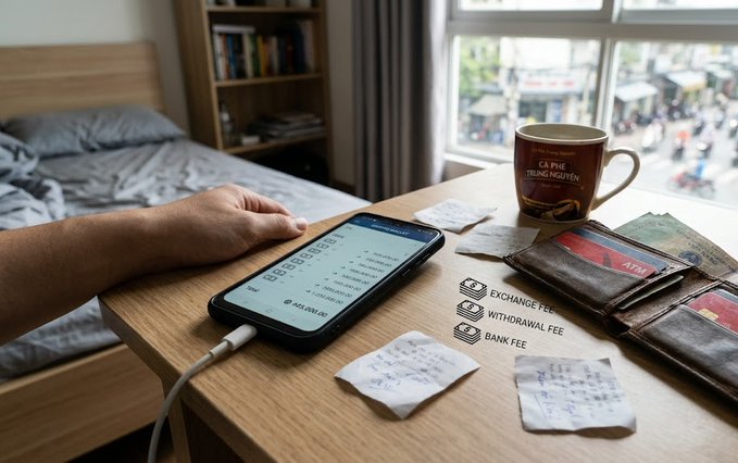 A bedroom scene with a person using a smartphone displaying what appears to be a trading or financial app, alongside a wallet with Vietnamese Dong currency, receipts, and a coffee mug, with text overlays mentioning "EXCHANGE FEE", "WITHDRAWAL FEE", and "BANK FEE".