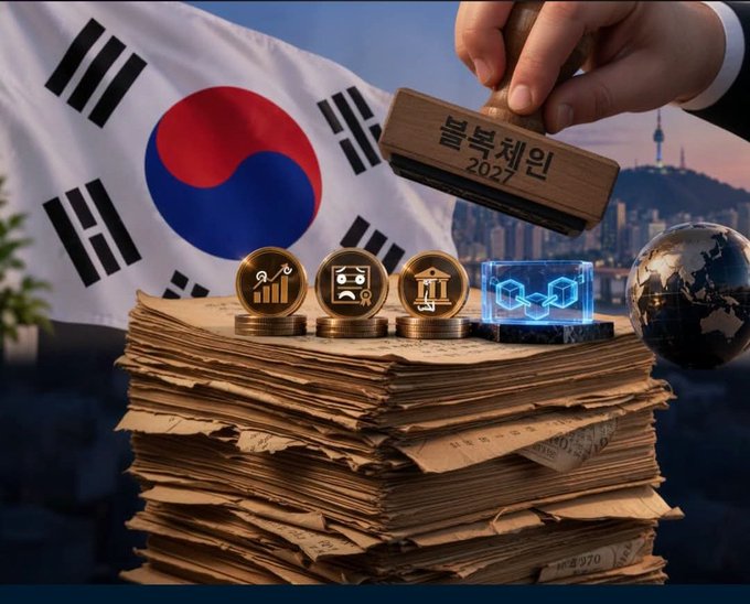 A hand uses a stamp labeled '블록체인 2027' (Blockchain 2027) over a stack of papers and gold coins, set against the South Korean flag and a cityscape.