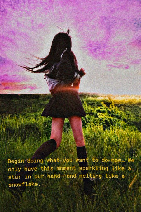 Artistic image of a girl in a school uniform standing in a field at sunset with the quote 'Begin doing what you want to do now...'.