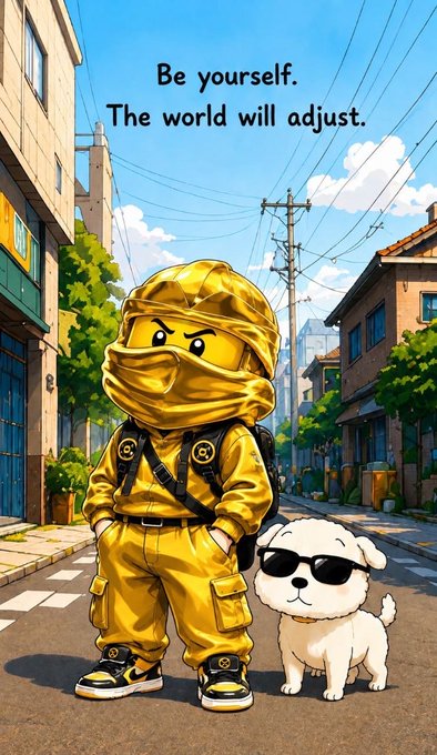 An anime-style illustration features a character in a yellow hooded jumpsuit and mask standing next to a small white dog in sunglasses, with the text 'Be yourself. The world will adjust.' above them.