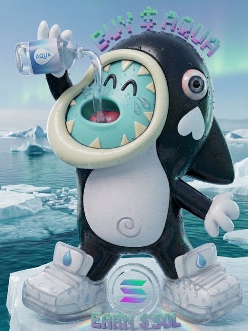 A 3D rendering of a cartoonish penguin-like character with a large toothy mouth drinking water from a bottle labeled 'AQUA', set against an icy arctic background with the text 'LIFE AQUA' at the top.