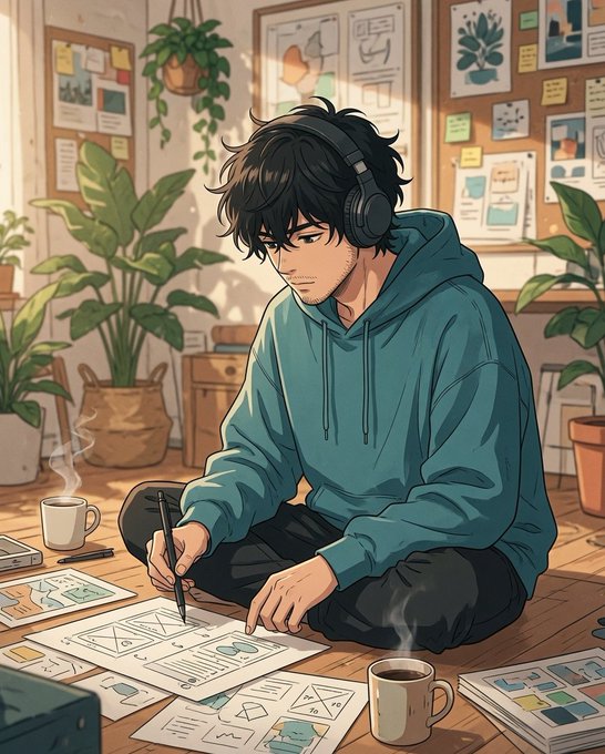 An anime illustration of a young man with messy black hair wearing headphones and a teal hoodie, sitting on the floor drawing wireframes while surrounded by plants, sketches, and coffee mugs.