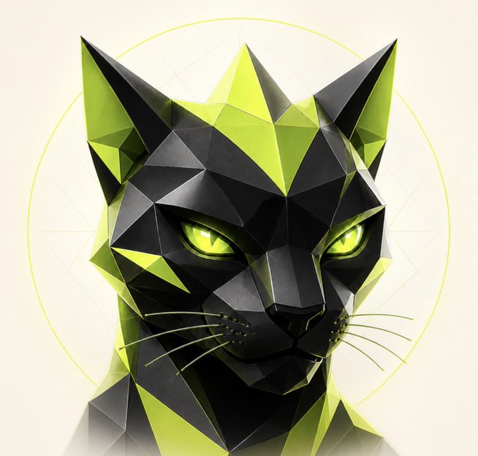 Geometric, low-poly digital artwork of a black cat with bright green eyes and lime green accents on a white background.