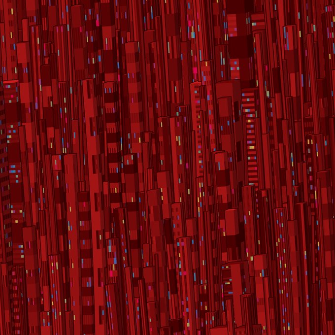 An abstract digital artwork featuring a dense pattern of vertical red and black rectangular shapes resembling a futuristic cityscape or circuit board with small colorful accents.