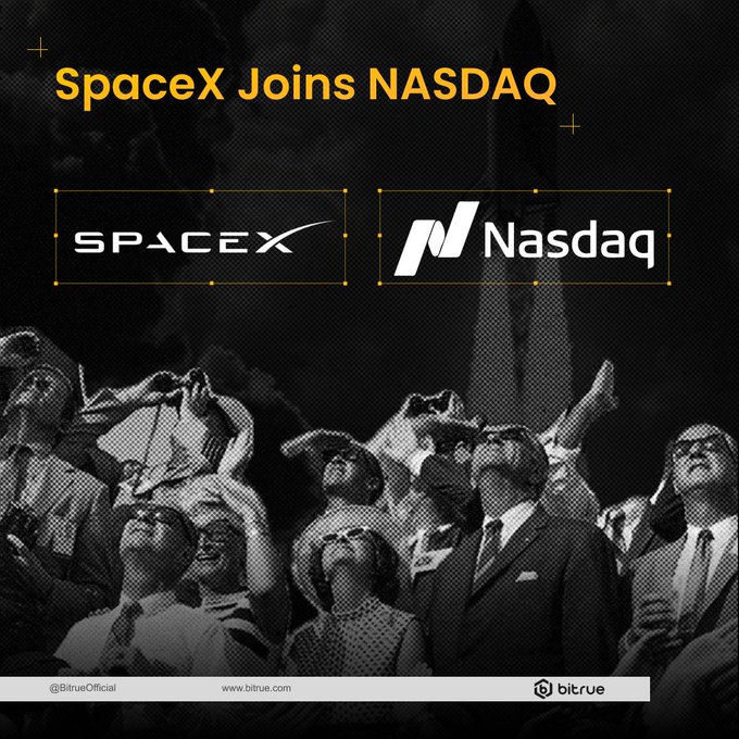 A graphic by Bitrue titled "SpaceX Joins NASDAQ" features the SpaceX and Nasdaq logos against a black-and-white photo of traders on a stock exchange floor, with the @BitrueOfficial handle and bitrue.com website displayed at the bottom. The image visually supports the post's announcement about SpaceX's $SPCX ticker being added to the NASDAQ 100.