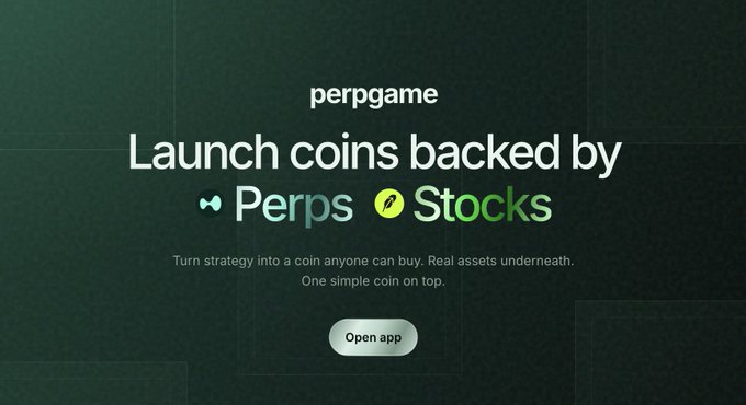 A dark green promotional graphic for 'perpgame' advertising 'Launch coins backed by Perps & Stocks' with a tagline and an 'Open app' button.
