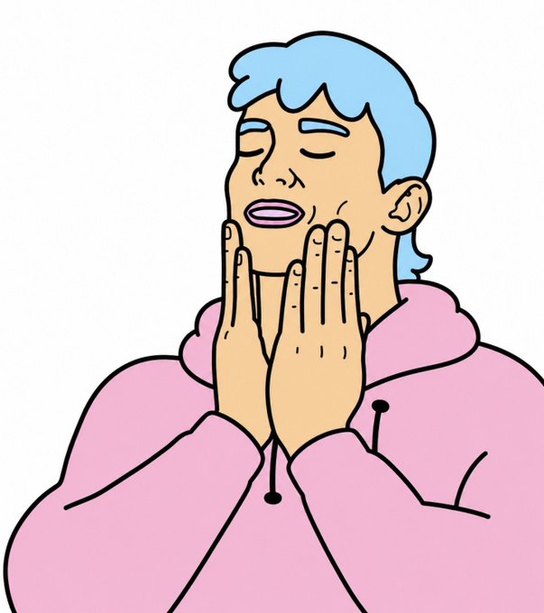 A simple cartoon illustration of a person with blue hair wearing a pink hoodie, with their eyes closed and hands pressed together against their cheeks.