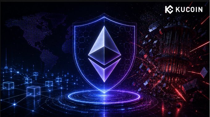 The image features a large shield with an etherium symbol, surrounded by blocks of code that appear to be floating in space. The background shows a map of the world with various countries and cities labeled. The caption reads "The #Ethereum narrative has reached a turning point: It’s no longer just about optimizing transaction fees—it's about retrofitting the network'".