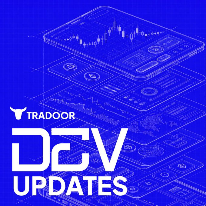 A blue promotional graphic for Tradoor featuring an isometric blueprint-style phone displaying crypto charts, with the text 'TRADOOR DEV UPDATES' in white.