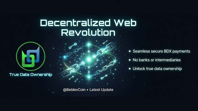 A promotional graphic titled "Decentralized Web Revolution" features the Beldex (BDX) logo with the tagline "True Data Ownership," alongside a glowing chain-link network and bullet points highlighting "Seamless secure BDX payments," "No banks or intermediaries," and "Unlock true data ownership"—teasing Beldex's upcoming contribution campaign launch on July 29 at 2pm UTC.