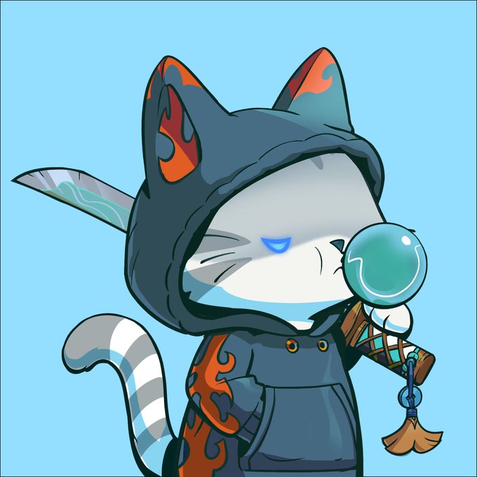 A cartoon illustration of a cat character wearing a dark hooded jacket with flame designs, holding a sword and a bubble tea drink.