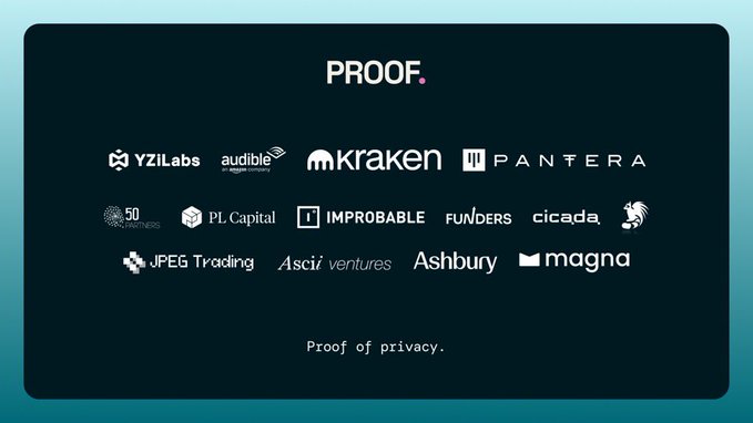 Dark teal promotional graphic for 'PROOF' featuring the tagline 'Proof of privacy' and showcasing investor/partners including YZiLabs, Audible, Kraken, Pantera, 50 Partners, PL Capital, Improbable, Funders, cicada, JPEG Trading, Ascii ventures, Ashbury, and magna.