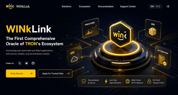 The image shows the WINkLink website homepage, featuring its branding as "The First Comprehensive Oracle of TRON's Ecosystem," with visual elements highlighting Price Feed, VRF, API, and Automation services. The graphic connects to the post by representing the platform's infrastructure that WIN DAO governance helps shape, showcasing the oracle services that token holders can influence through community voting.