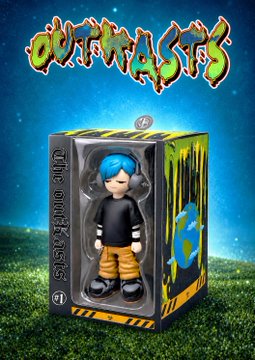 A collectible outKast NFT figurine with blue hair and tan pants stands in a black-and-yellow branded display box, featuring the stylized "outKasts" logo at the top. The image promotes the upcoming September 16th mint portal and teased trait-exclusive merchandise giveaways for holders.