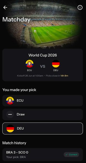 The image shows a "Matchday" screen from what appears to be the KAST sports prediction app, displaying the World Cup 2026 matchup between Ecuador (ECU) and Germany (DEU) on June 26 at 1:00 am, with the user's pick selected for Germany (DEU). Below the picking options, a match history shows a correct prediction for BRA 3 - SCO 0, aligning with the post's promotion of the KAST platform where users can make predictions and earn cashback.