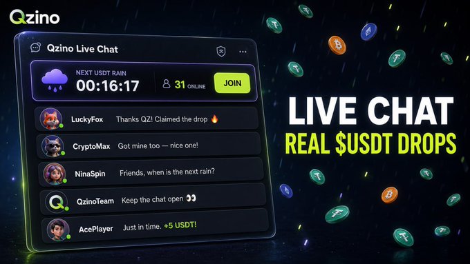 The image showcases a promotional graphic for Qzino's "Live Chat" feature, displaying an interface with a "Next USDT Rain" countdown of 00:16:17, 31 online users, and a sample chat where users like LuckyFox, CryptoMax, and NinaSpin are discussing the drops, with AcePlayer claiming "+5 USDT!" while floating cryptocurrency coins surround the scene.