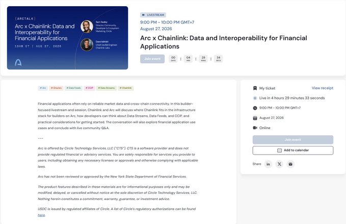 Event page screenshot for 'Arc x Chainlink: Data and Interoperability for Financial Applications' livestream scheduled for August 27, 2026 at 9:00 PM GMT+7.
