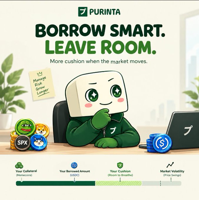 Promotional graphic for "Purinta" with the headline "Borrow Smart. Leave Room. — More cushion when the market moves," featuring a cartoon mascot and diagrams of collateral, borrowed amount (USDC), cushion, and market volatility.