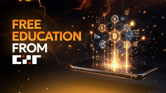 Promotional banner advertising 'Free Education' from an unidentified platform, featuring a smartphone with a glowing cryptocurrency network hologram.