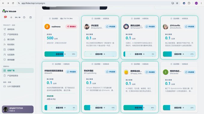 A screenshot of a 'Light House' web application interface displaying various activities with estimated rewards in LUX currency.