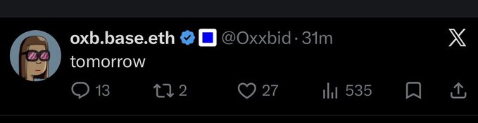 The image features a social media post with a person wearing sunglasses, possibly a cartoon character or a person's face, who appears to be a fan of a particular account. The post includes a message about an upcoming event for the account on "OxxBid". The text in the post reads: "le ef: $BASE checker is coming tomorrow", indicating that there will be a new update or feature for the account soon.