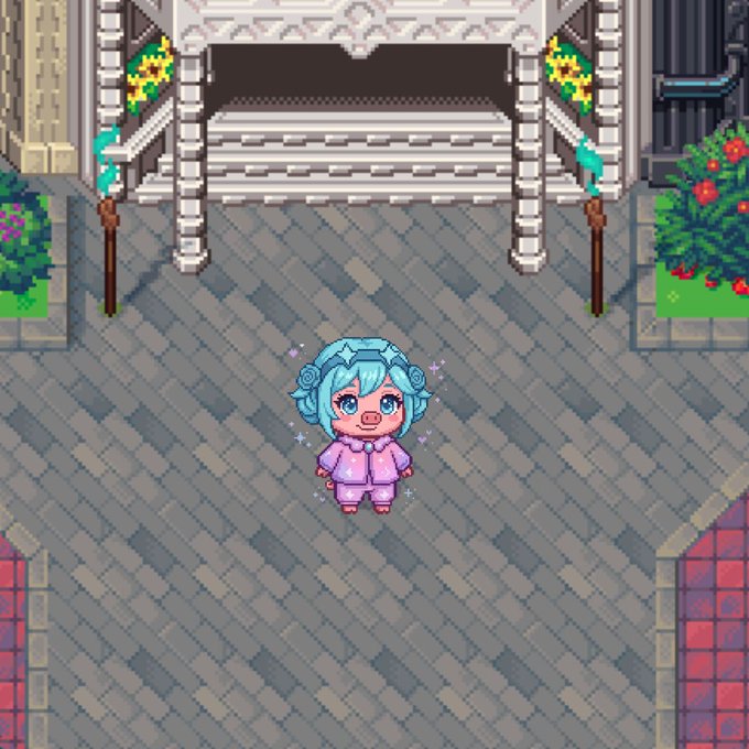 A pixel art character with blue hair and a pink sparkly outfit stands in front of a stone staircase and planters.