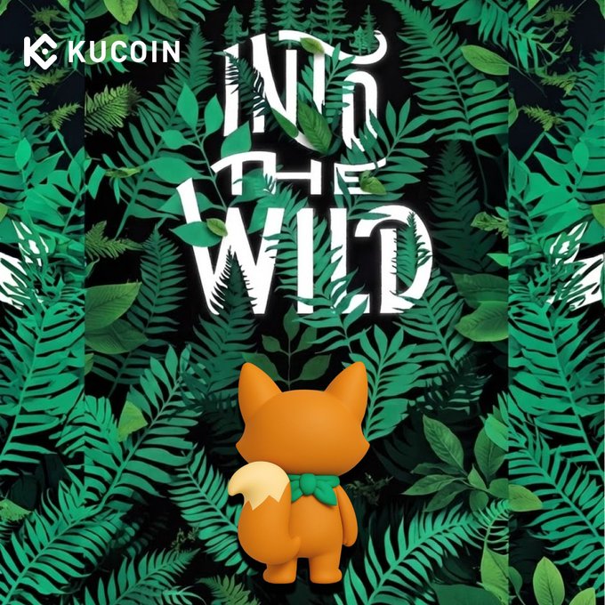 A promotional graphic from KuCoin's "Into the Wild" campaign features an orange cartoon fox with a green bandana viewed from behind, standing amidst lush tropical jungle foliage with the KuCoin logo in the top left corner and the campaign title "INTO THE WILD" prominently displayed above the mascot, encouraging users to showcase their earned badge on social media by tagging @KuCoinCom and using #KuKuUniverse as part of the rewards initiative linked at kucoin.com/campaigns/Wild.