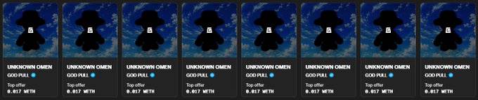 A row of eight identical NFT listings titled 'UNKNOWN OMEN' marked as 'GOOD PULL', each priced at '0.017 WETH' as a 'Top offer'.