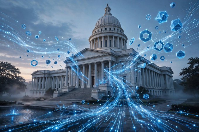 A digital artwork depicting the United States Capitol building surrounded by flowing blue digital energy streams and floating geometric crystals.