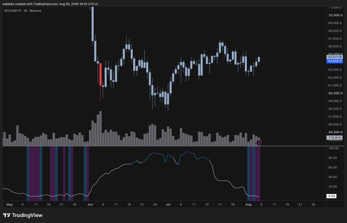A TradingView BTCUSDT perpetual chart on Binance displaying candlestick price action around $63,800-$65,000 with volume bars and an RSI/MACD-style indicator below, dated August 5, 2026.