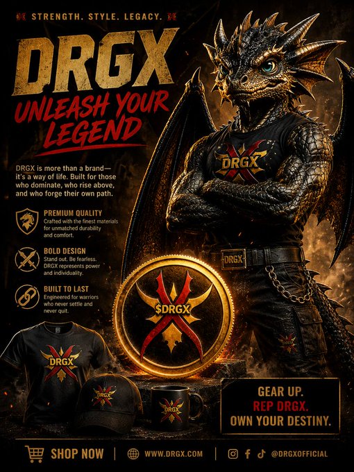 A promotional poster for 'DRGX' featuring the slogan 'UNLEASH YOUR LEGEND' alongside a dragon warrior character, highlighting 'PREMIUM QUALITY', 'BOLD DESIGN', and 'BUILT TO LAST' with merchandise displayed at the bottom.