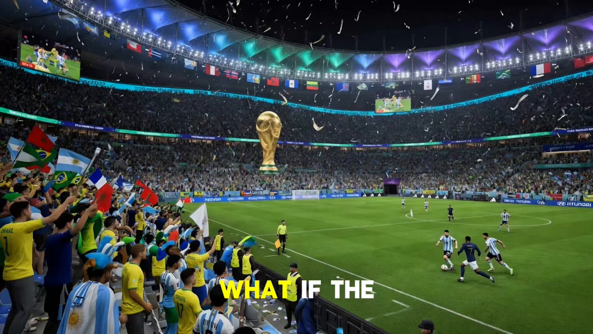 The image shows a large soccer stadium filled with people watching a game. A group of fans are holding up flags, including one that says "XRP ON THE WORLD STAGE". The crowd appears excited about the upcoming FIFA World Cup, as suggested by the post's title. The image also includes text discussing the potential adoption and use of XRP beyond finance for purchasing tickets to the World Cup in 2006.