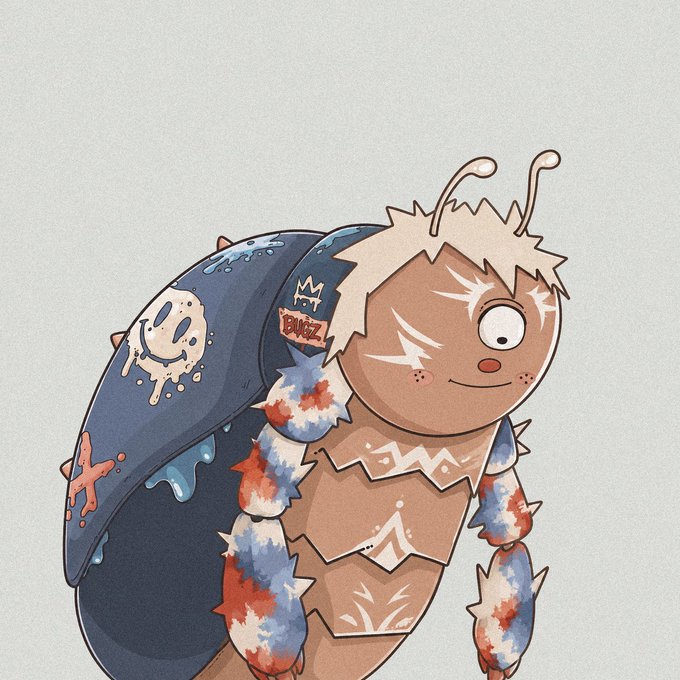 A digital illustration of an anthropomorphized monarch butterfly caterpillar character with cream-colored hair, antennae, and a stylized 'M' marked on its wing, set against a plain light background.