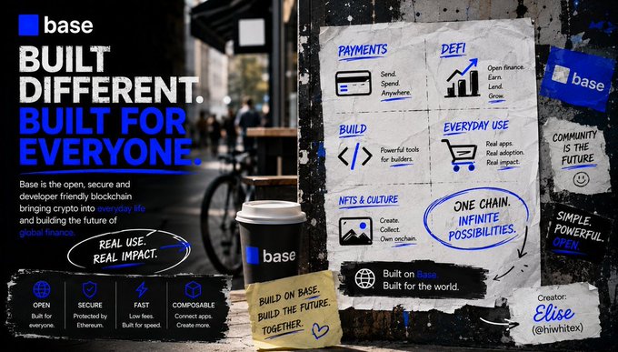 A promotional graphic for Base titled "BUILT DIFFERENT. BUILT FOR EVERYONE." featuring icons for payments, DeFi, build, everyday use, NFTs & culture, and text like "ONE CHAIN. INFINITE POSSIBILITIES." credited to creator Elise (@hiwhitex).