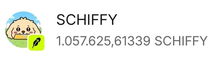 A cryptocurrency wallet profile showing the name "SCHIFFY" with a balance of 1,057,625,61339 SCHIFFY, accompanied by a cartoon puppy avatar.