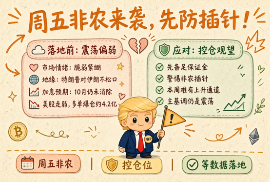 The image is a Chinese infographic warning about Friday's upcoming Non-Farm Payrolls (NFP) report, titled "周五非农来袭，先防插针！" (Friday's NFP is coming, defend against spikes first!). It features a chibi-style cartoon character holding an "NFP" flag, with key notes indicating pre-release weak volatility, tight market sentiment, Trump's tough stance on Iran, unaddressed rate-cut expectations, and US stock declines with multiple companies burning ~$420M, while recommending post-release actions like holding sufficient margin, avoiding naked positions, and monitoring whether the main adjustment is a fake-out.

The infographic visually reinforces the post's warning by distilling the bearish macro backdrop—geopolitical tension, market fragility, and multiple stock blowups—into a clear pre-NFP gameplan centered on margin control and defensive positioning rather than aggressive entries.