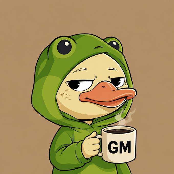Cartoon Pepe the Frog character wearing a green hoodie, holding a steaming coffee mug labeled 'GM' (good morning) against a tan background.