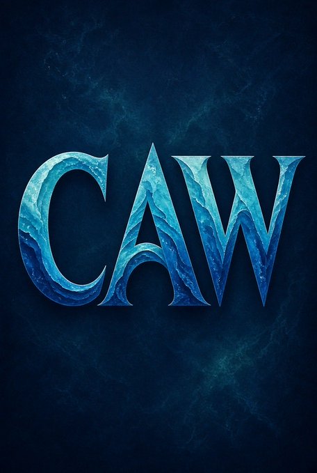 The image shows the text "CAW" in large, stylized ice-blue letters with a frosty, textured appearance against a dark teal background. This visual aligns with the post's bullish sentiment about the CAW memecoin "soaring higher," with the icy, crystalline font evoking a sense of elevation and cold strength.