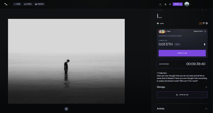 A dark-themed digital marketplace interface displays a black and white photo of a solitary figure in water, with a current bid of '0.03 ETH' and an auction ending in '00:09:38:40'.