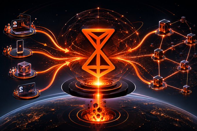 A futuristic digital graphic featuring a glowing orange hourglass or geometric symbol at the center, connected by energy streams to floating devices like phones and laptops around a globe.