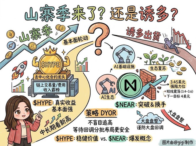 A Chinese-language infographic comparing cryptocurrency investments, featuring '$HYPE' and '$NEAR' with text including '山寨季来了？还是诱多？', '策略 DYOR', '不盲目追高', and '$HYPE:稳健价值 vs. $NEAR:爆发概念', created by @gigi.