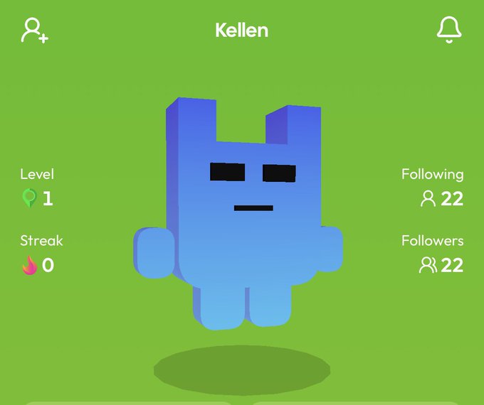 A profile screen for a blue blocky character named 'Kellen' shows Level 1, Streak 0, 22 Following, and 22 Followers on a green background.