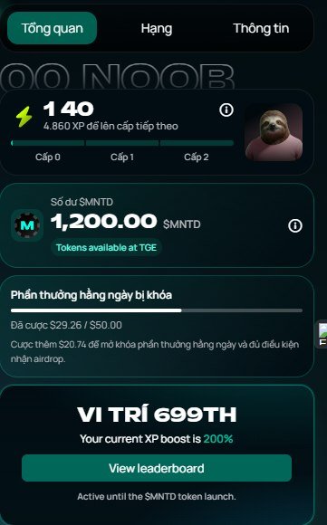 A mobile app dashboard in Vietnamese with a dark green theme, displaying a score of 140, 4,860 XP, and a position of 699TH, along with statistics for $MNTD tokens and a 'Tokens available at TCE' link.