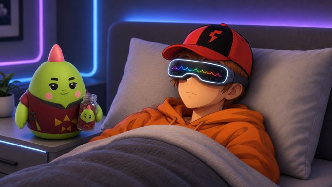An animated scene shows a boy wearing a red cap and rainbow VR goggles in bed, next to a green creature holding a drink in a neon-lit room.