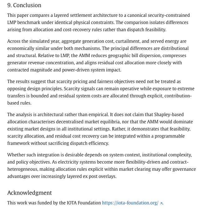 The image shows a white piece of paper with black text, which appears to be an academic research paper discussing electricity market economics. The paper is titled "Another new research paper to flag", indicating that there are more papers available for viewing or citation. The paper was written by @ImperialDyson and is posted on the website @iota/foundation, suggesting it may be related to energy-related topics.